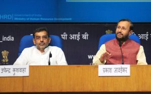 The Union Minister for Human Resource Development, Shri Prakash Javadekar brief the media about the various initiatives taken by the government in the direction of ensuring quality education affordable by all, in New Delhi on May 16, 2017. The Minister of State for Human Resource Development, Shri Upendra Kushwaha and the Principal Director General (M&C), Press Information Bureau, Shri A.P. Frank Noronha are also seen.