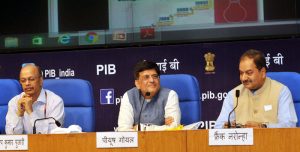 The Minister of State for Power, Coal, New and Renewable Energy and Mines (Independent Charge), Shri Piyush Goyal addressing a Press Conference on Deendayal Upadhyaya Gram Jyoti Yojana- Rural Electrification Scheme, in New Delhi on May 19, 2017. 	The Secretary, Ministry of Power, Shri P.K. Pujari and the Principal Director General (M&C), Press Information Bureau, Shri A.P. Frank Noronha are also seen.
