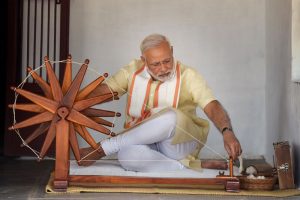 The Prime Minister, Shri Narendra Modi spins Charkha in Sabarmati Ashram, in Ahmedabad, Gujarat on June 29, 2017.