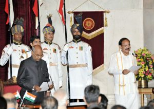 The President, Shri Ram Nath Kovind administering the oath of office of the Vice President to Shri M. Venkaiah Naidu, at a Swearing-in-Ceremony, at Rashtrapati Bhavan, in New Delhi on August 11, 2017.