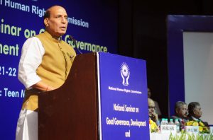 The Union Home Minister, Shri Rajnath Singh addressing at the inauguration of the two-day National Seminar on Good Governance, Development and Human Rights organised by the National Human Rights Commission (NHRC), in New Delhi on September 21, 2017.